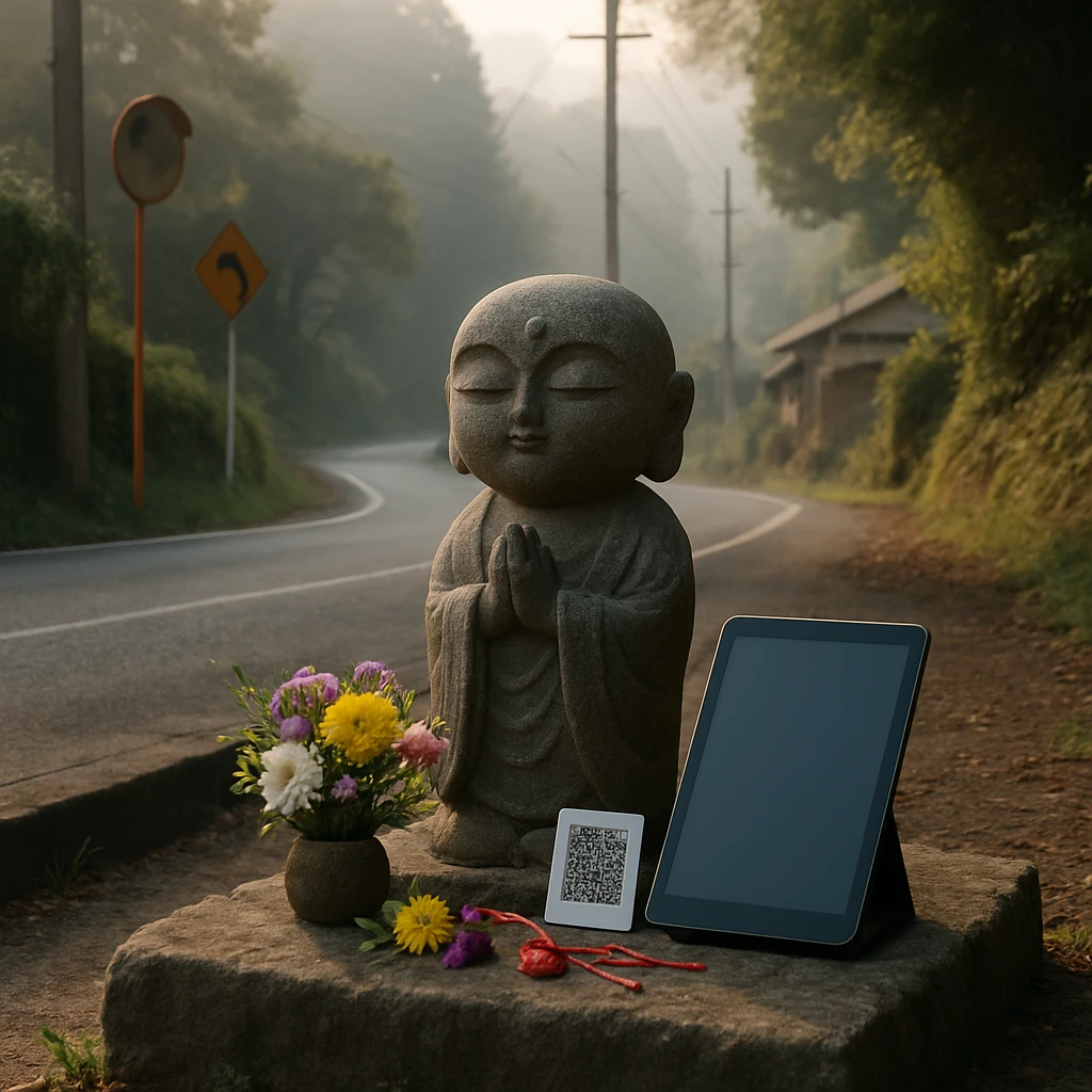 山間の町角に立つお地蔵様の隣に、防水タブレットとQRコードパネル、足元に花や手作りのお守りが置かれている様子。