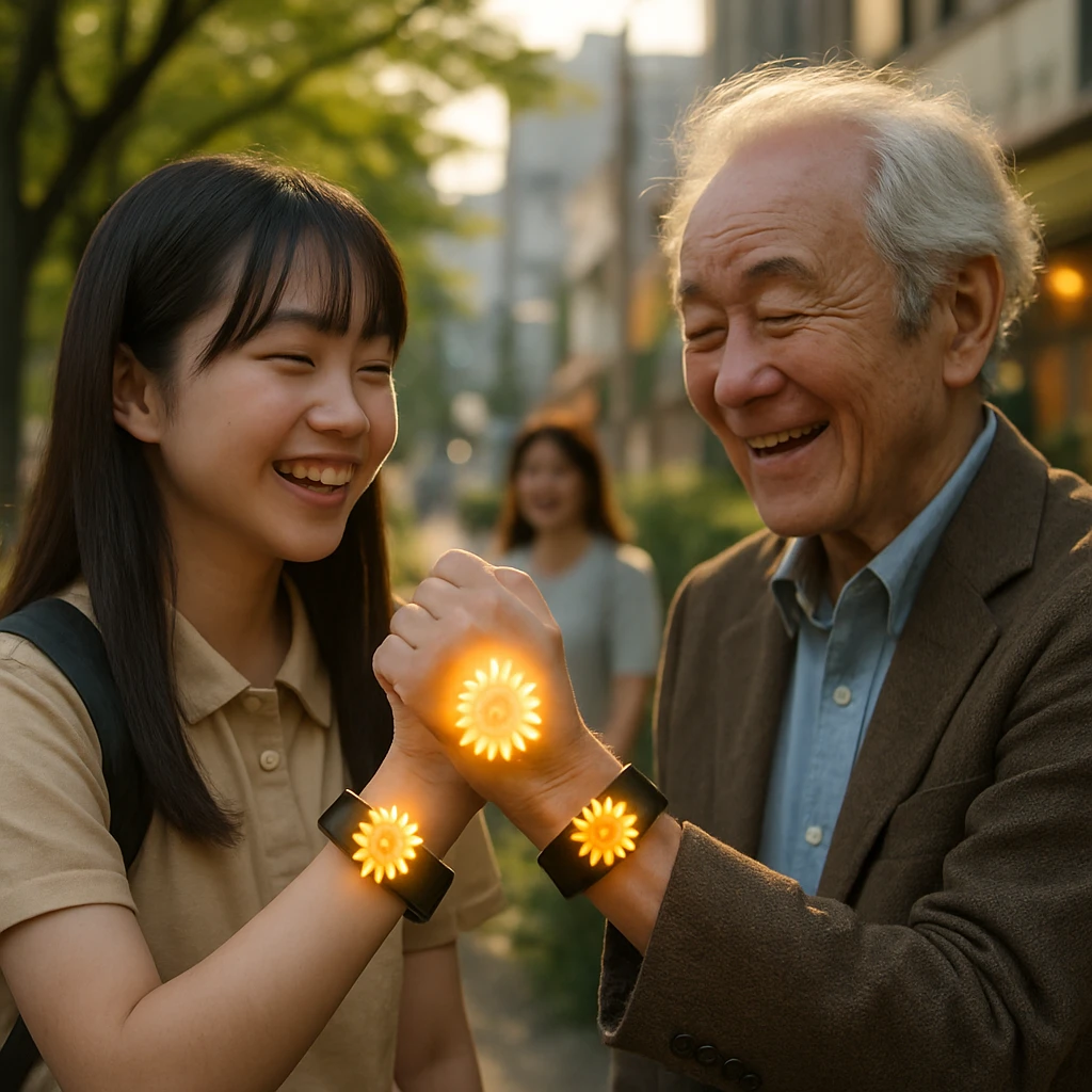 晴れた公園でひまわり型が光るリストバンドをつけた中学生の女の子と高齢の男性が微笑み合い、手首を見せ合う様子。