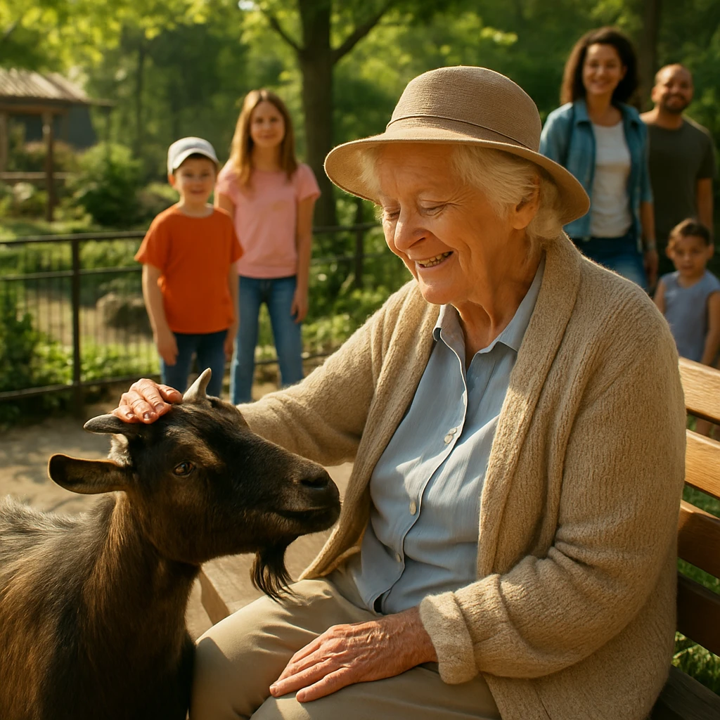 動物園のベンチでヤギをなでる笑顔の高齢女性と周囲に集まる家族連れの様子。