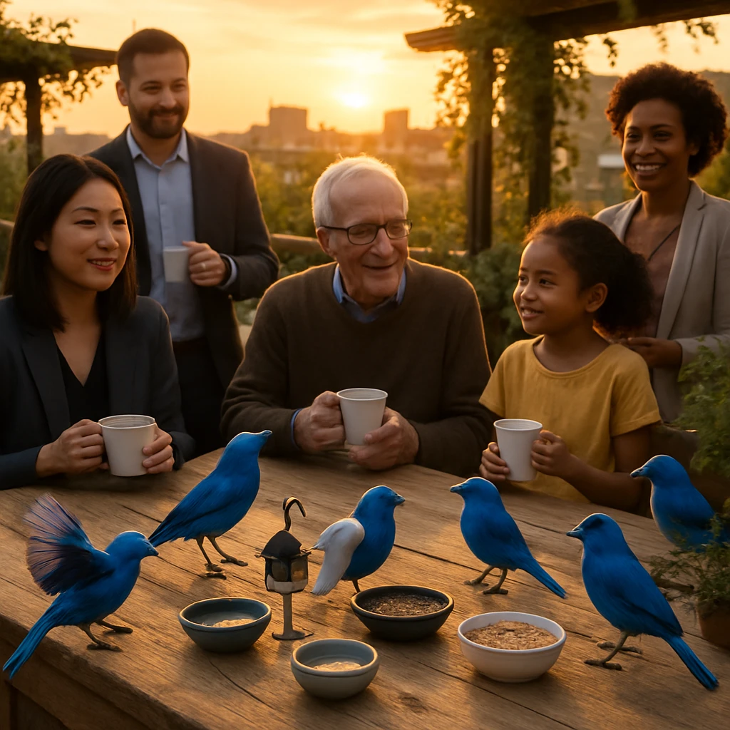 オフィス屋上の木製カウンターでコーヒーを片手に人々が集い、青い野鳥たちが餌や水浴び場で羽を休めている様子の写真。