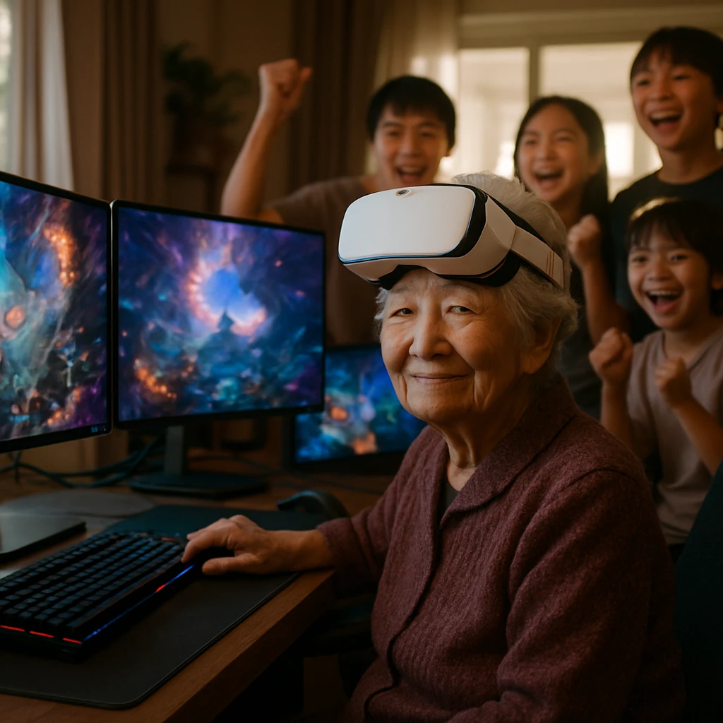 高齢の日本人女性がVRヘッドセットを着けてゲーミングPCの前に座り、後ろで孫世代の子供たちが応援している様子の写真。