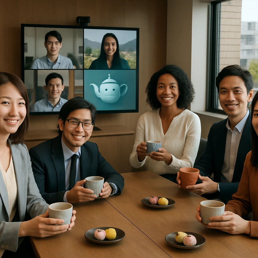 日本のオフィスで社員たちがビデオ会議をしながら茶を楽しみ、スクリーンにはティーポット型のAIアバターが映っている様子。