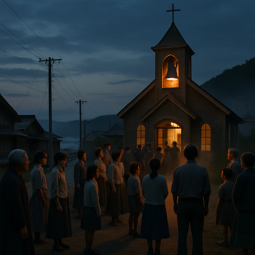 夕暮れの海辺の町で、教会の鐘の音に集まる地元住民たちの様子。