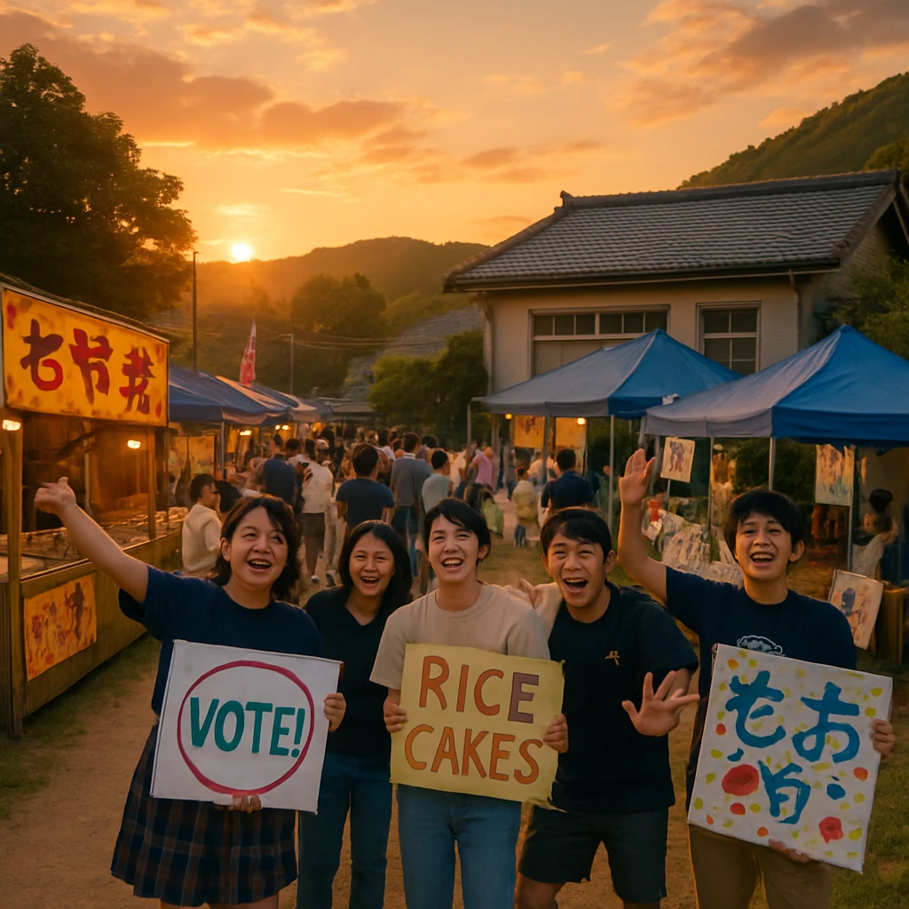 夕暮れの村役場前で、カラフルな屋台やテントが並び、若者たちが手作りのフリップを掲げて呼びかける投票フェスの光景。