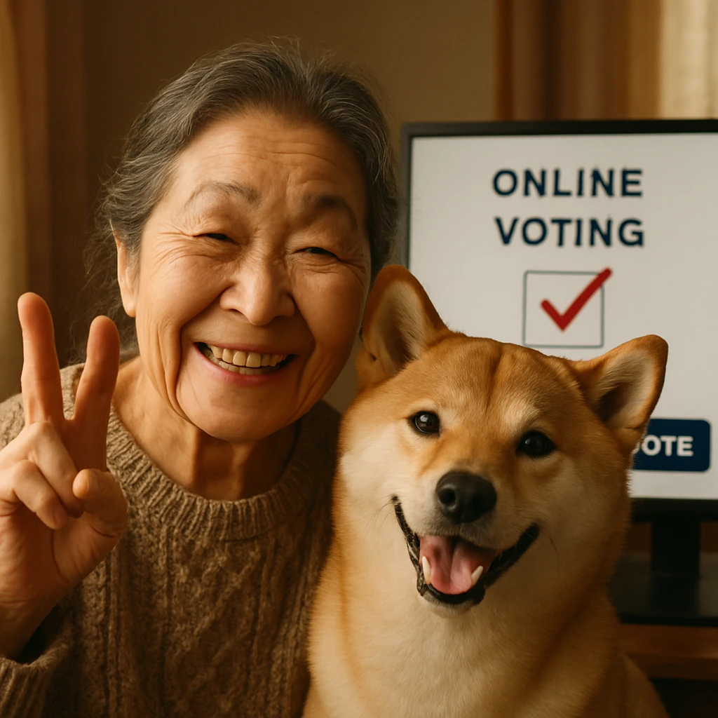 高齢の日本人女性が柴犬と一緒にオンライン投票画面の前で笑顔でピースサインをしている様子。