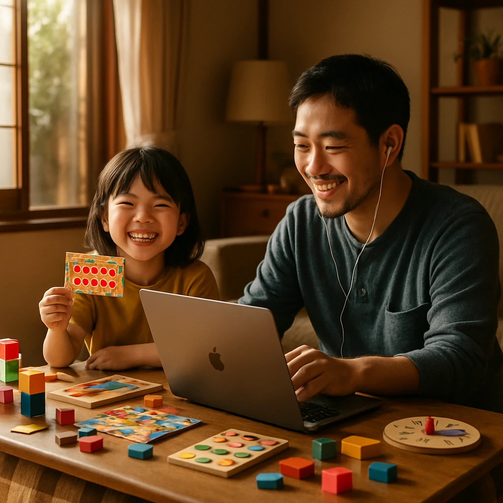 日本のリビングで、小学校3年生の少女と父親がテーブルの上のパズルやおもちゃを囲み、笑顔で学び遊ぶ様子。