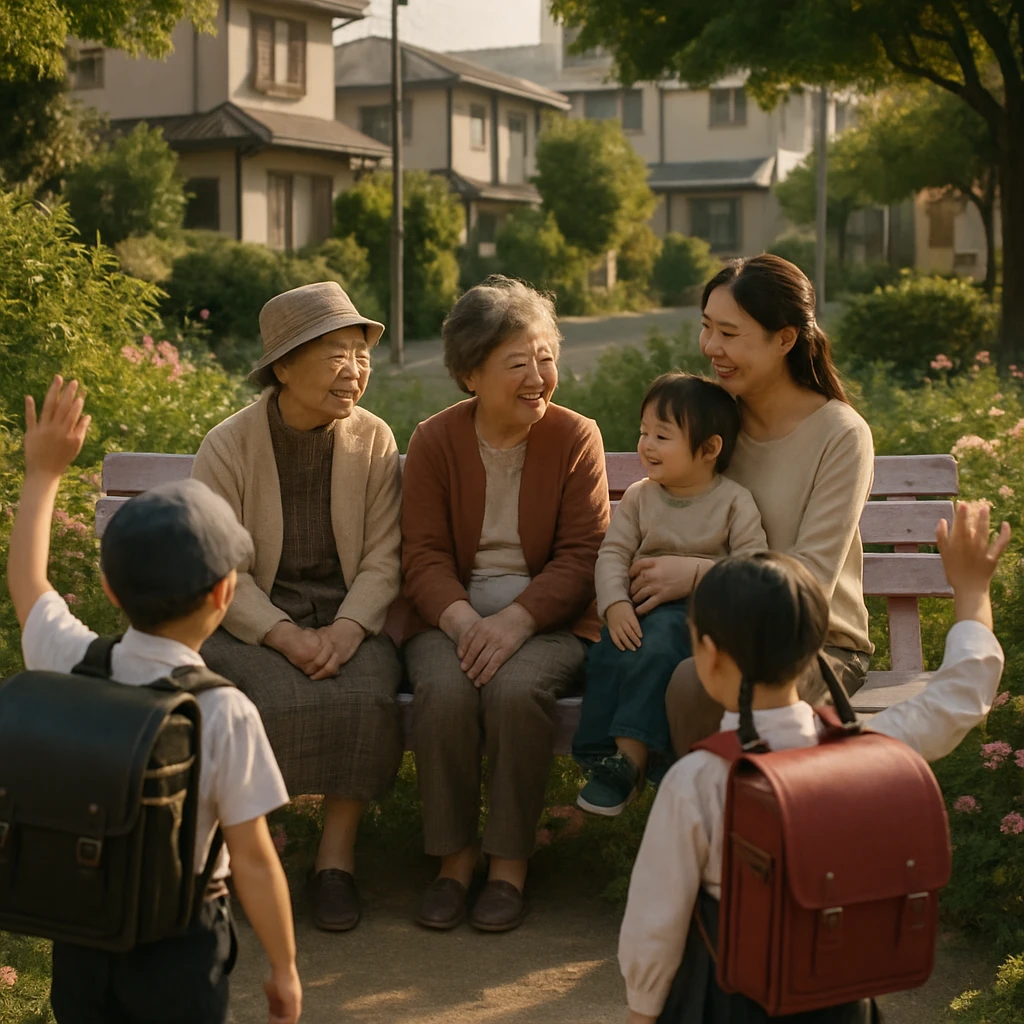 淡い紫色のベンチに高齢女性と若い母親、子どもが座り、住宅街の公園で楽しそうに会話している様子。