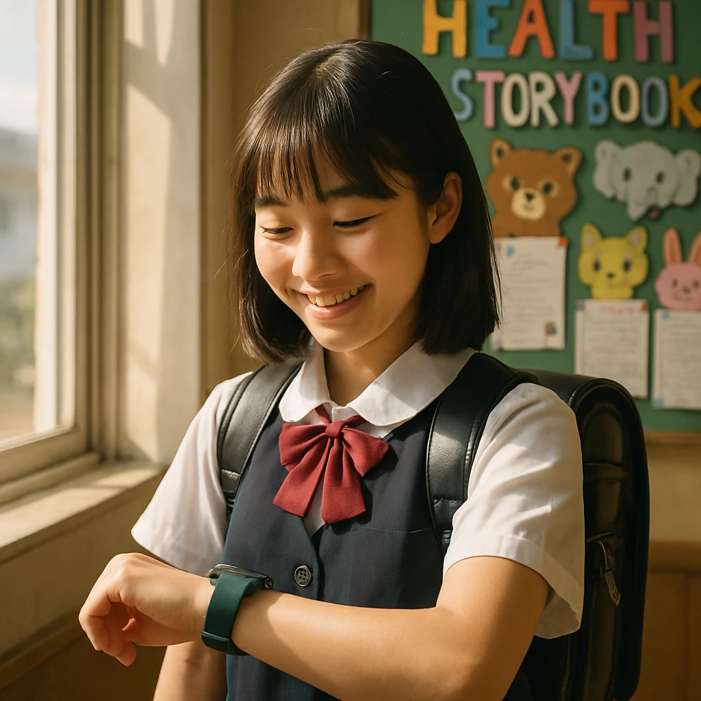 小学校の教室で左手首の緑色のウェアラブルバンドを見て微笑む女子児童の写真。