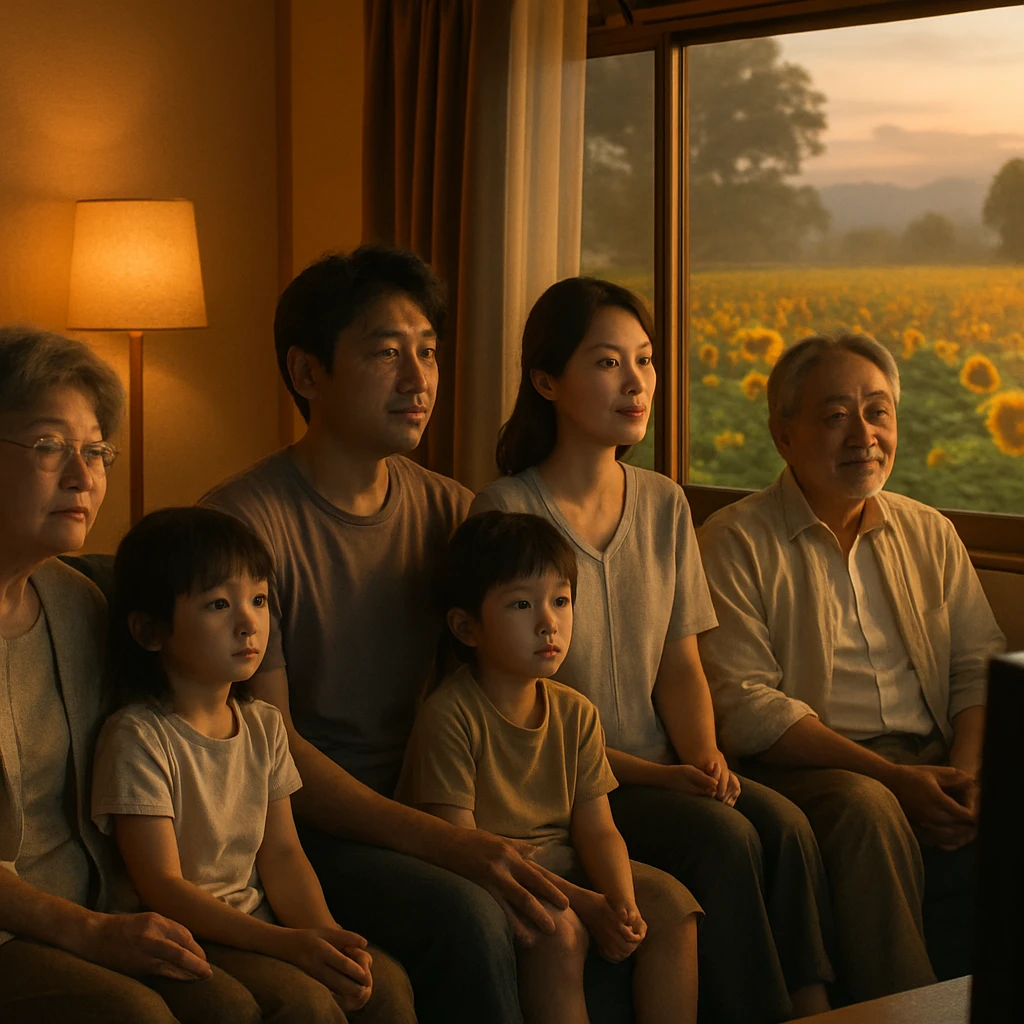 家族がリビングでテレビを見ながら静かにくつろいでいる様子と、窓の外に朝焼けの花畑が広がっている風景。