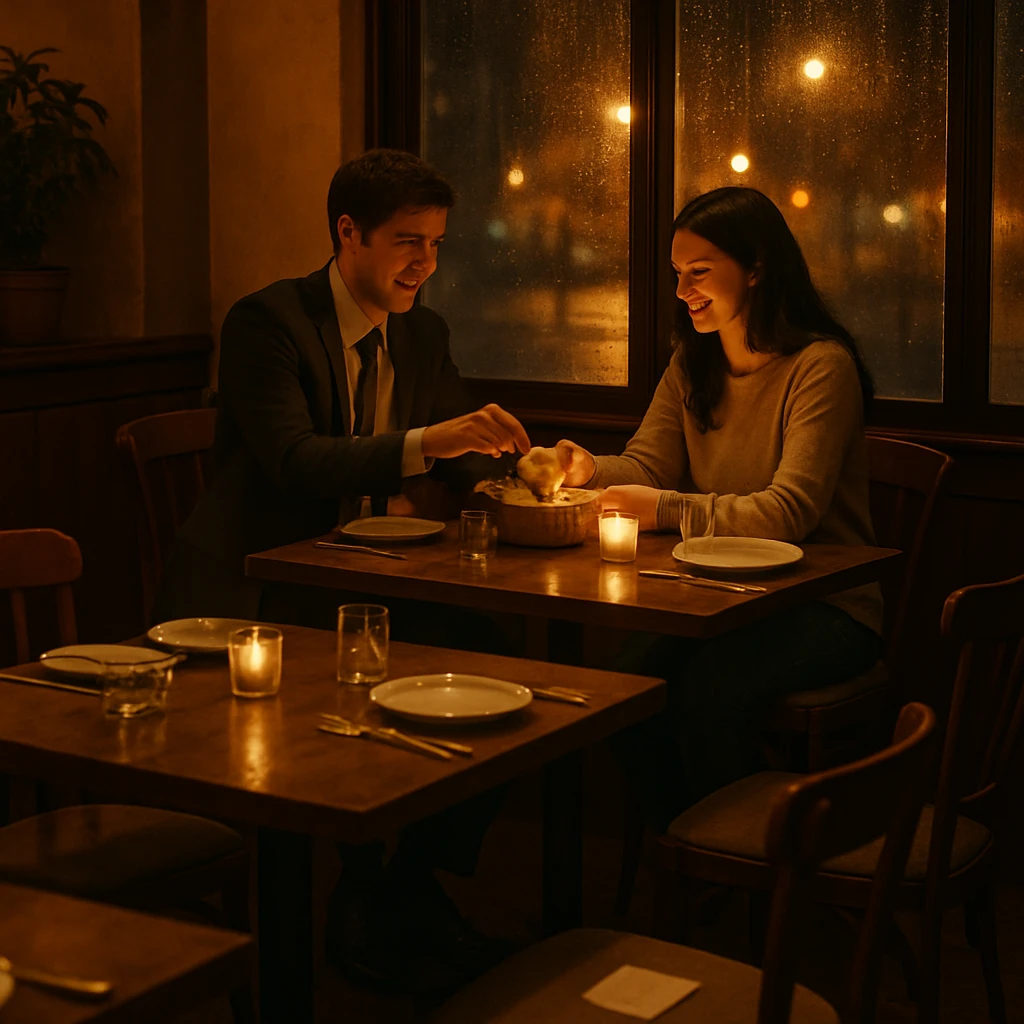 雨の夜、温かな照明のレストランで、見知らぬ男女がパンを分け合っているテーブルと、その周りに空席が並ぶ様子。
