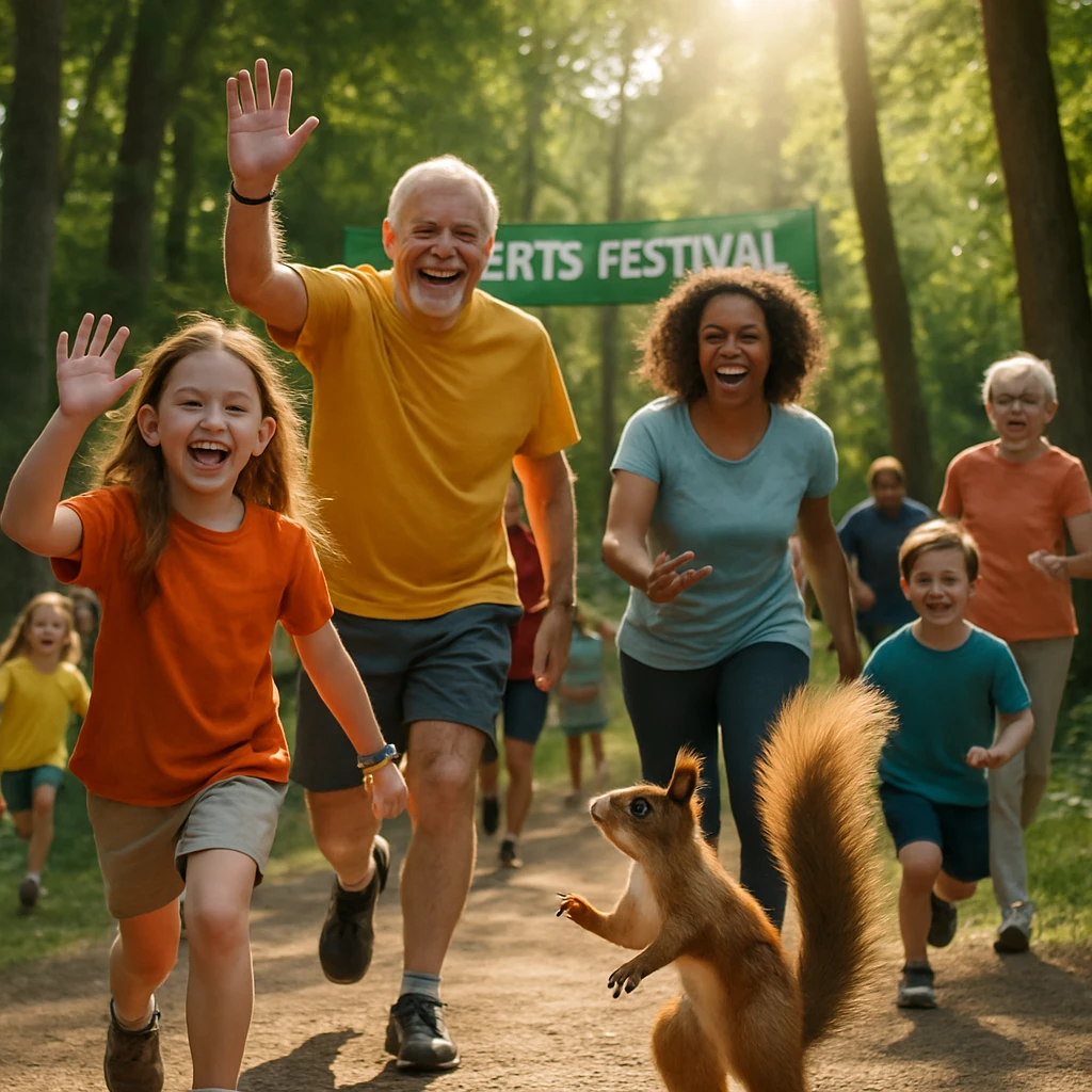 緑豊かな森の公園で、リストバンドをつけた多世代の人々が走ったり遊んだりし、手前にはしっぽで応援するようなリスがいる賑やかなフェスの様子。