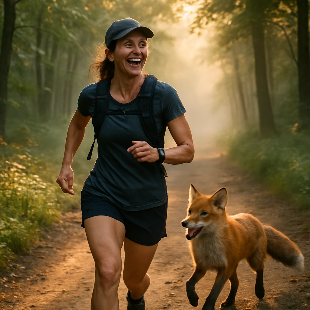 早朝の森のトレイルコースを、女性ランナーときつねが並んで走っている様子。
