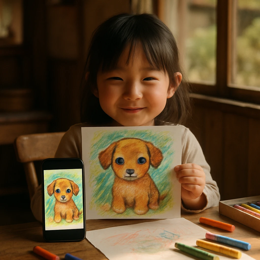 幼い日本人の女の子が、カラフルな子犬の絵を手に持ち、スマートフォンにデジタル化された作品を表示しながら微笑んでいる様子。