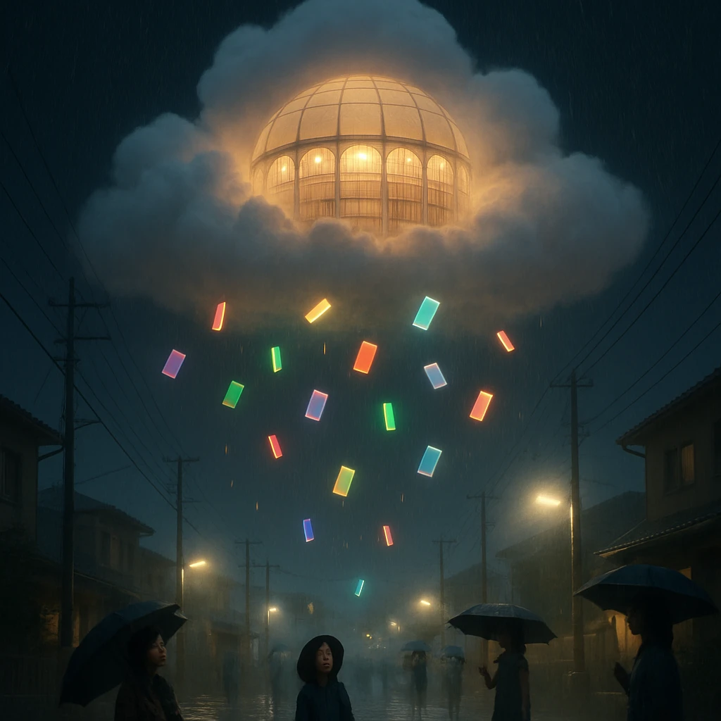 夜の霧雨の中、小さな町の上空にガラスのドーム型の図書館の形をした雲が浮かび、虹色の本が町の人々のもとへ舞い降りている様子。