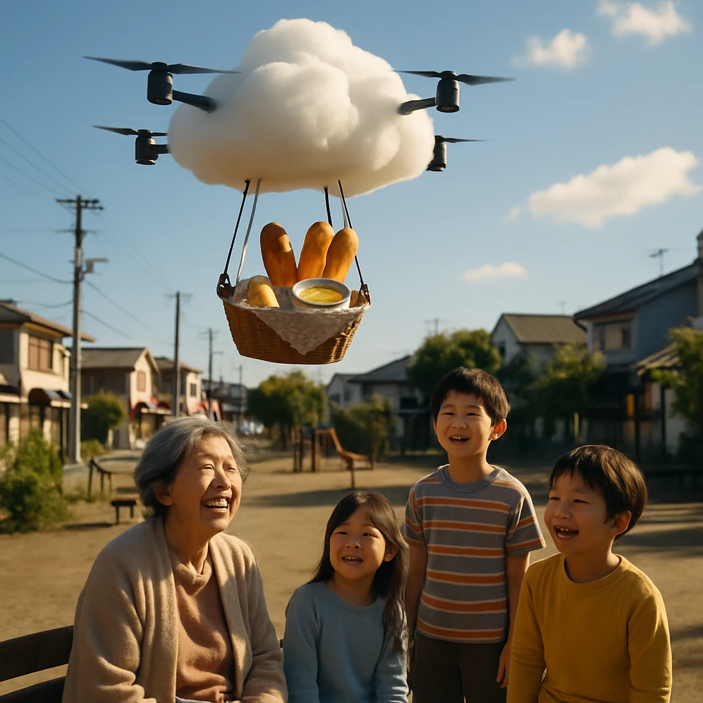 青空の下、雲の形をしたドローンが小さな町の公園でお年寄りや子どもたちにパンやスープを配達している様子。