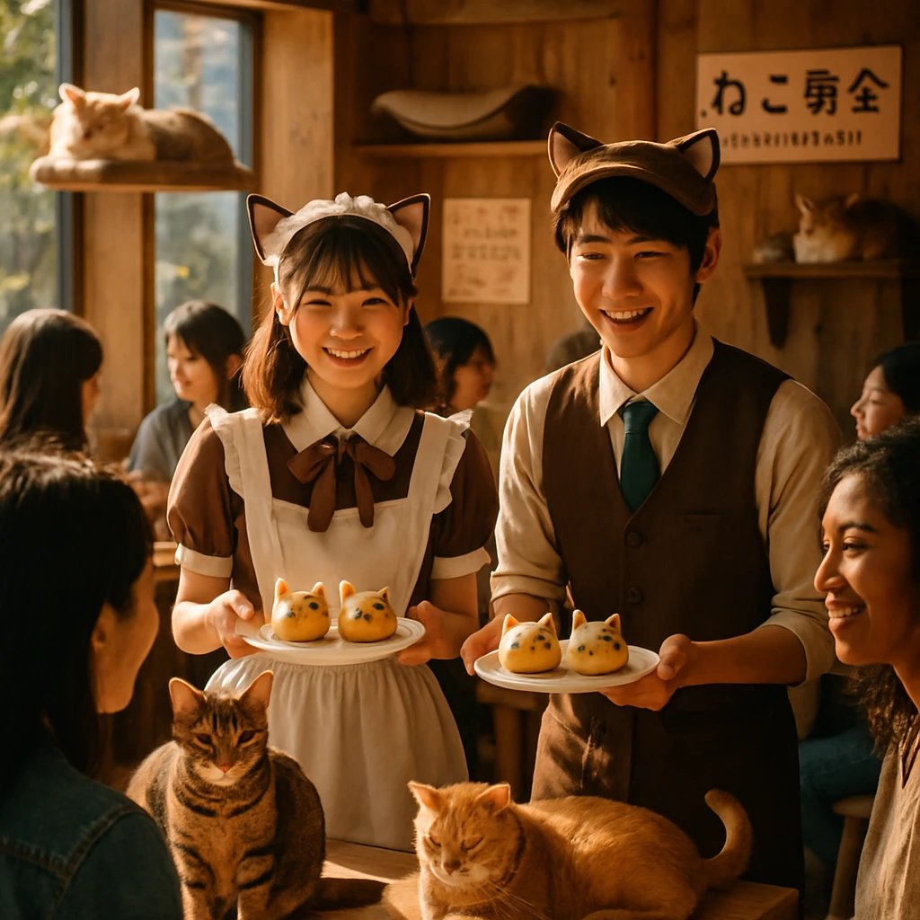 東京都内の猫カフェで、コスプレ姿の俳優たちが猫型のスイーツを提供し、本物の猫たちと来店客が和やかに過ごしている様子。