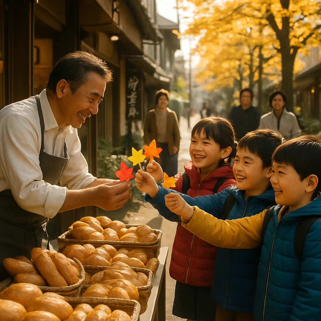 秋の商店街で小学生たちが落ち葉をパン屋の店主に渡している様子の写真風画像。