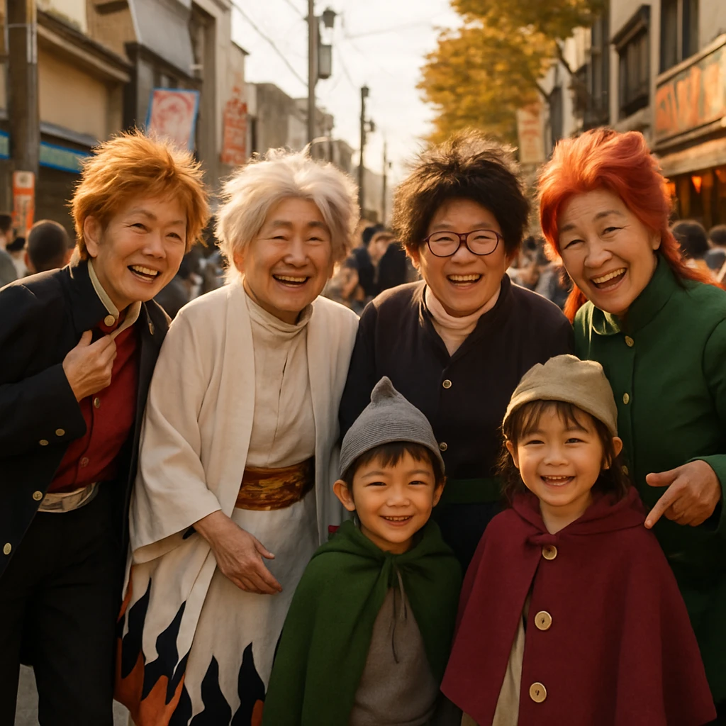 商店街の通りで、男装のコスプレ衣装を着た高齢女性たちが子どもたちと楽しそうに並んでいる様子。