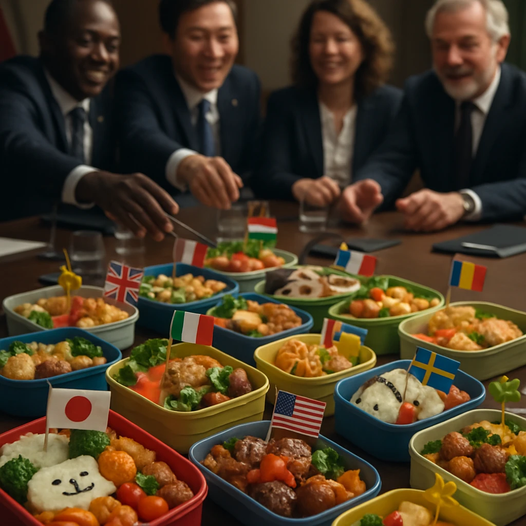 各国の国旗ピックが添えられたカラフルな弁当が並ぶ国際会議場のテーブルと、笑顔で弁当を手に取る外交官たち。
