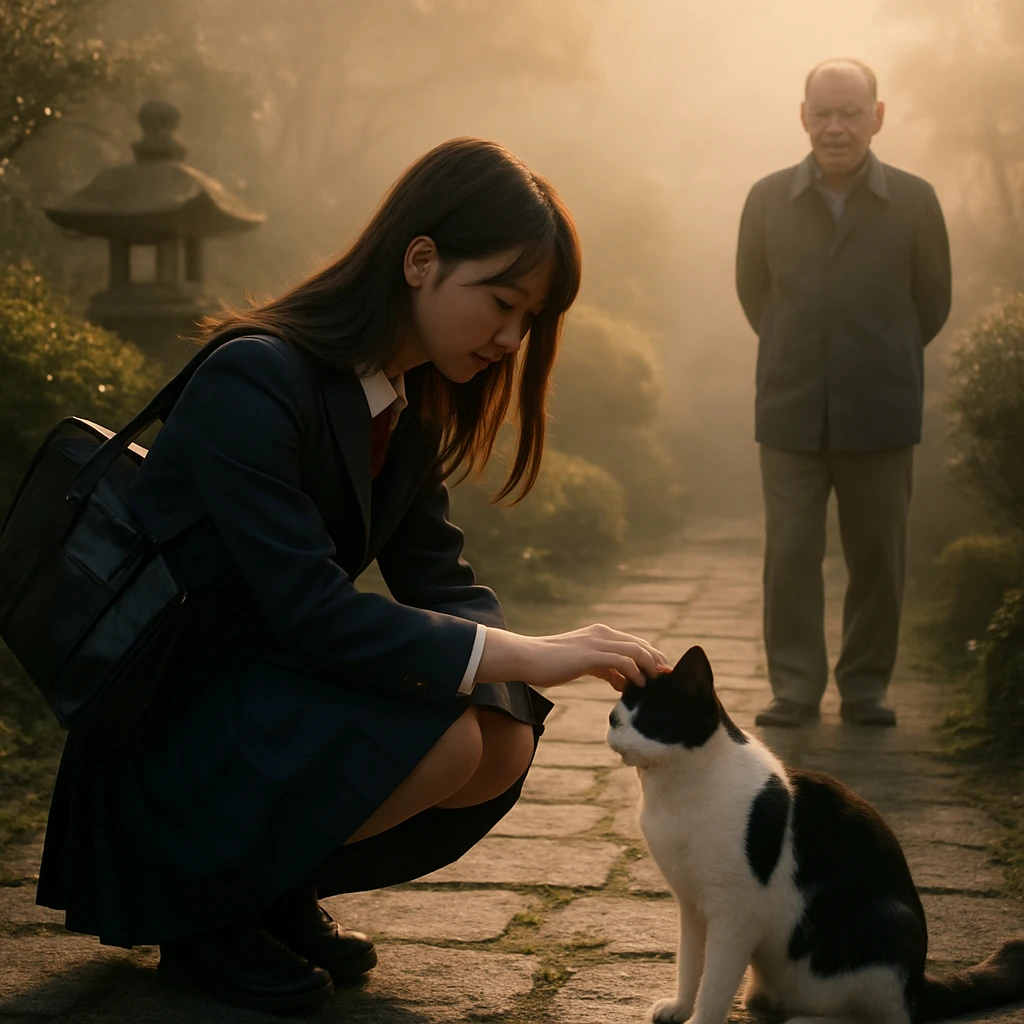早朝の庭で黒白ぶちの猫を優しく撫でる女子高校生と、その様子を見守る高齢男性の写真風景。