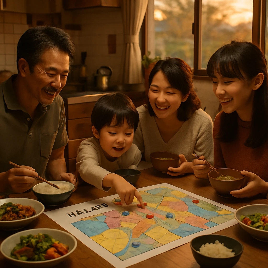 家族4人が手作りの料理とカラフルなハザードマップを囲みながら食卓で談笑している様子。