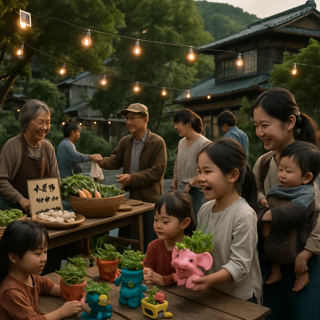 雨笠町の青空マーケットで、住民たちが野菜やおもちゃを交換し合い、子どもたちがプラ製おもちゃを植木鉢にリメイクしている様子。
