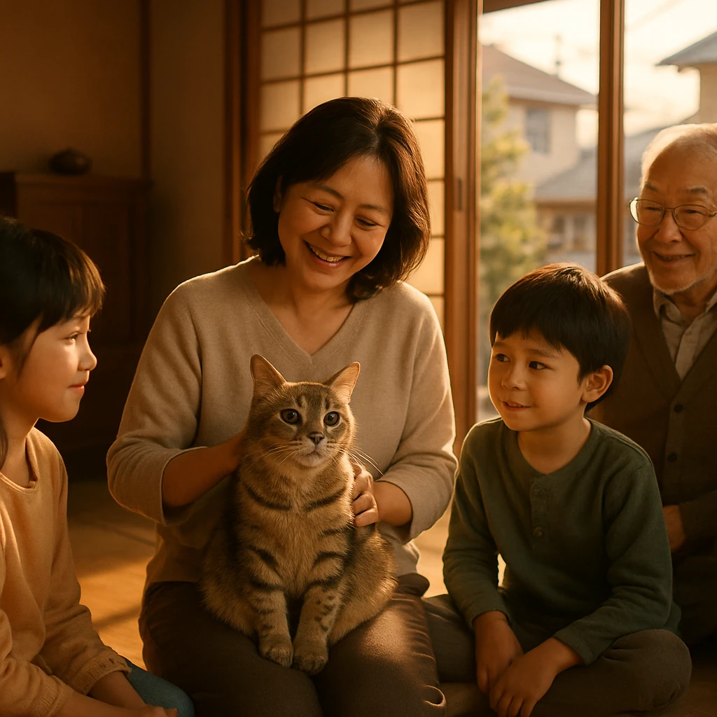 日本の居間で、笑顔の女性の膝の上にふわふわの猫が座り、家族や近所の人々が温かく見守っている様子。