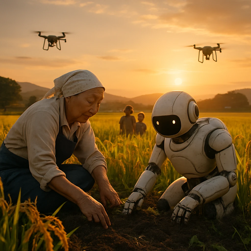 夕暮れの田畑で、高齢の女性農家とAIロボットが並んで作業し、奥で子どもたちが見守る様子。