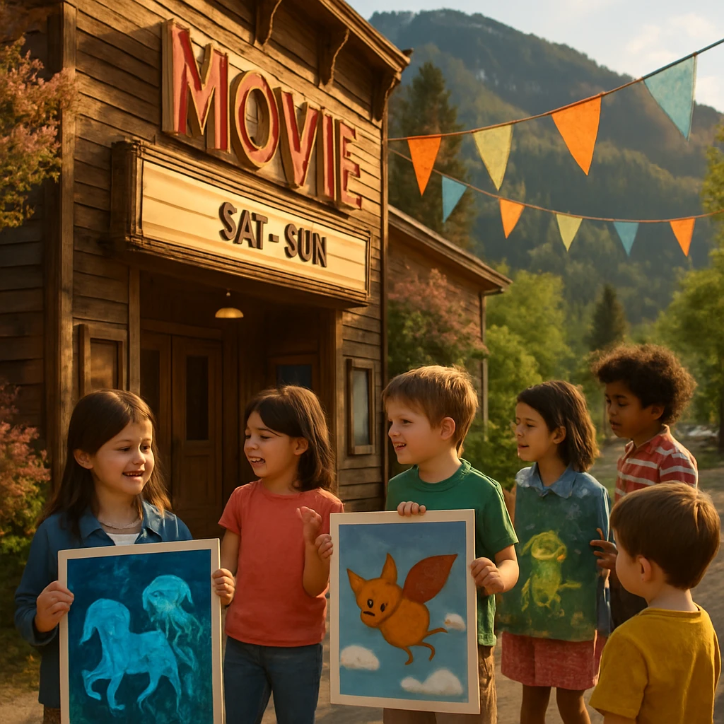 春の山あいの町で、地元の映画館の前に色とりどりのポスターを持って集まる小学生たちの様子。