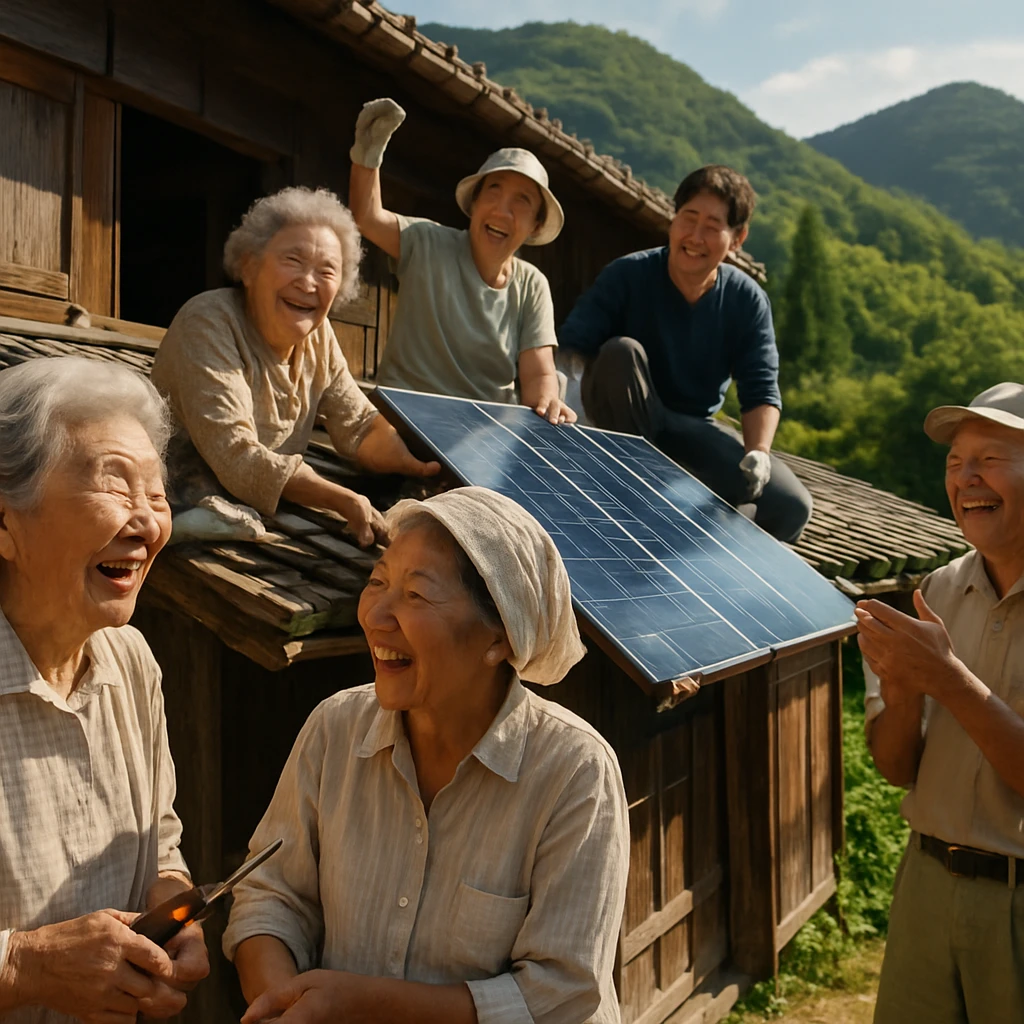 古民家の屋根に高齢女性たちと町の住民が太陽光パネルを設置し、笑顔で協力している初夏の山あいの町の様子。
