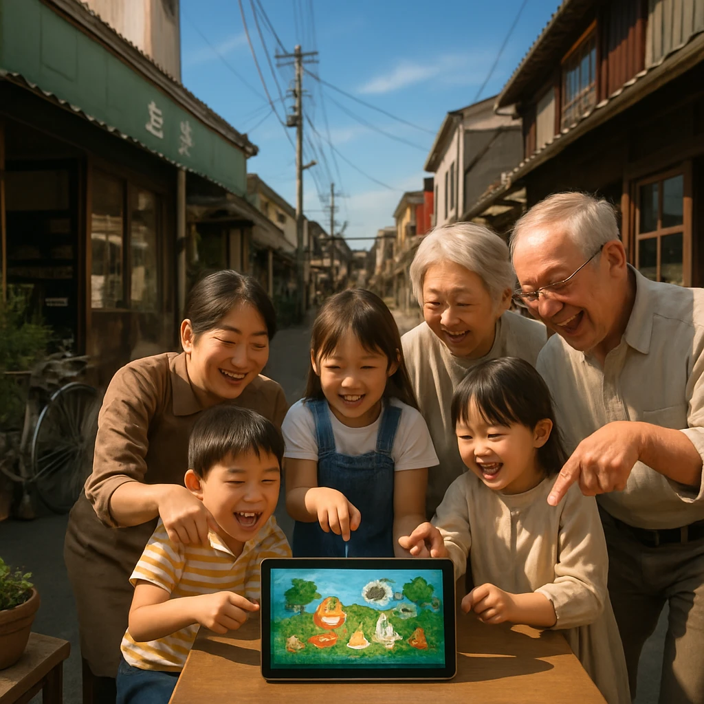 青空の下、商店街でデジタル絵本を囲んで微笑む子どもや高齢者、周囲には再利用された自転車や植木鉢が置かれている様子。
