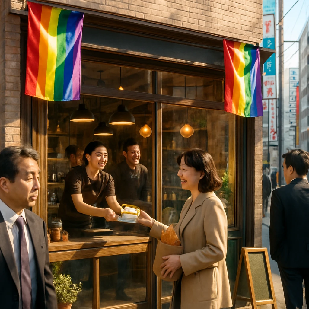 朝のビジネス街で虹色の旗が掲げられたカラフルなカフェの店先で、店員がコーヒーとパンを手渡している様子。