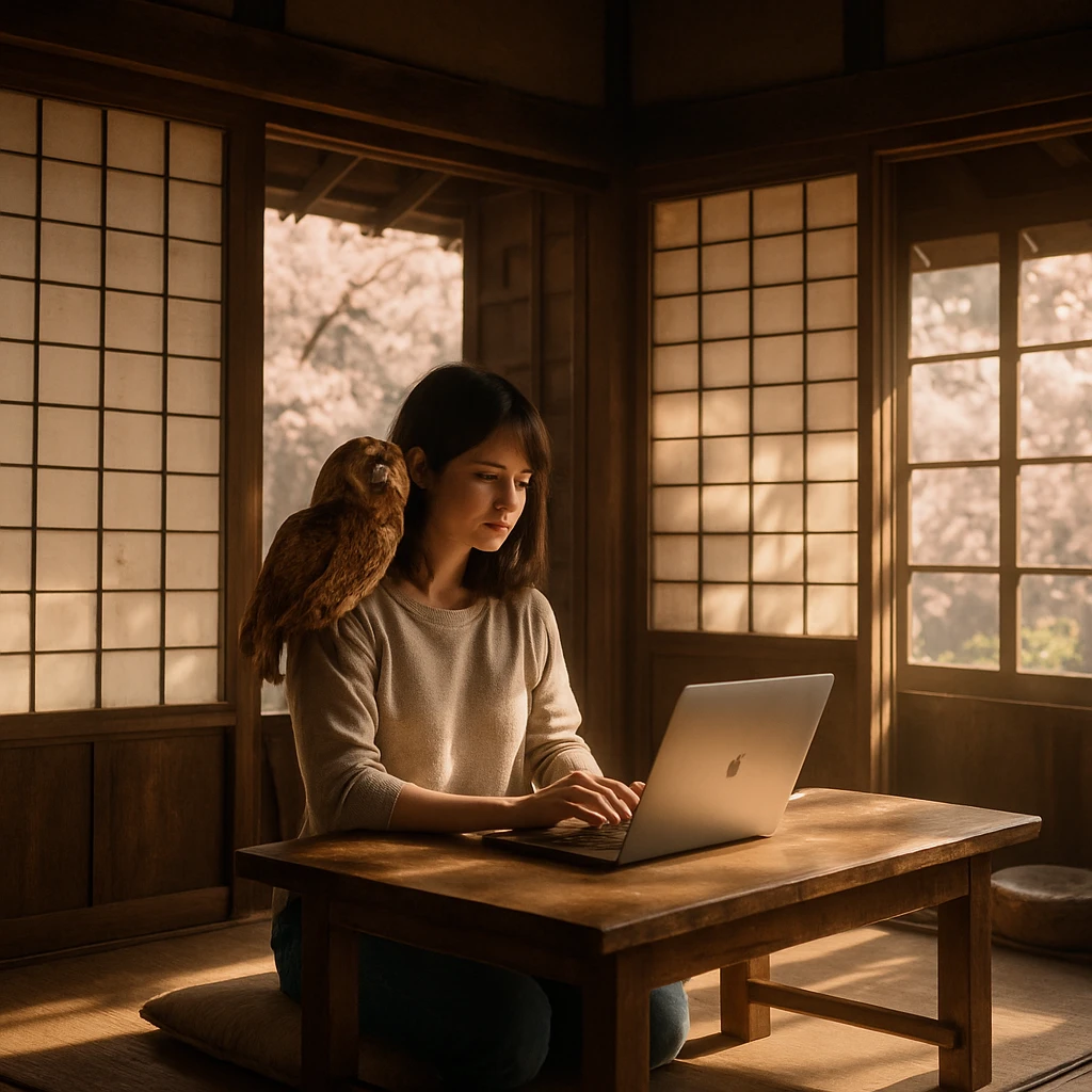 古民家の一室でノートパソコンに向かう女性の肩にふくろうが乗っている様子。