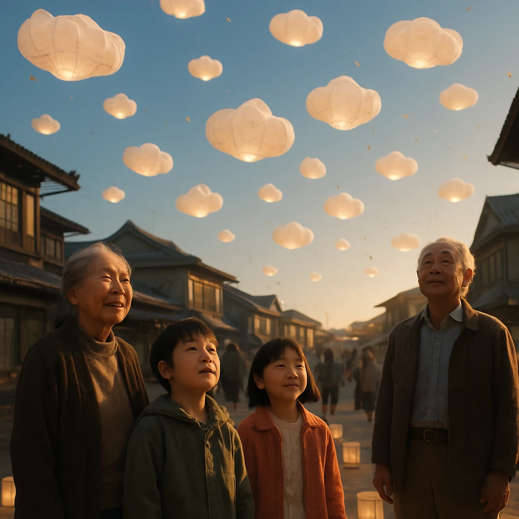 青空に雲形のランタンが浮かび、子どもと高齢者たちが広場でそれを見上げている様子。