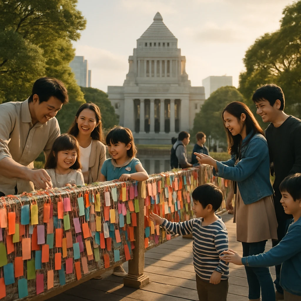 色とりどりの名前札が欄干に並んだ小さな橋で、笑顔の家族やカップルが札を手で触れたり掛けたりしている場面。