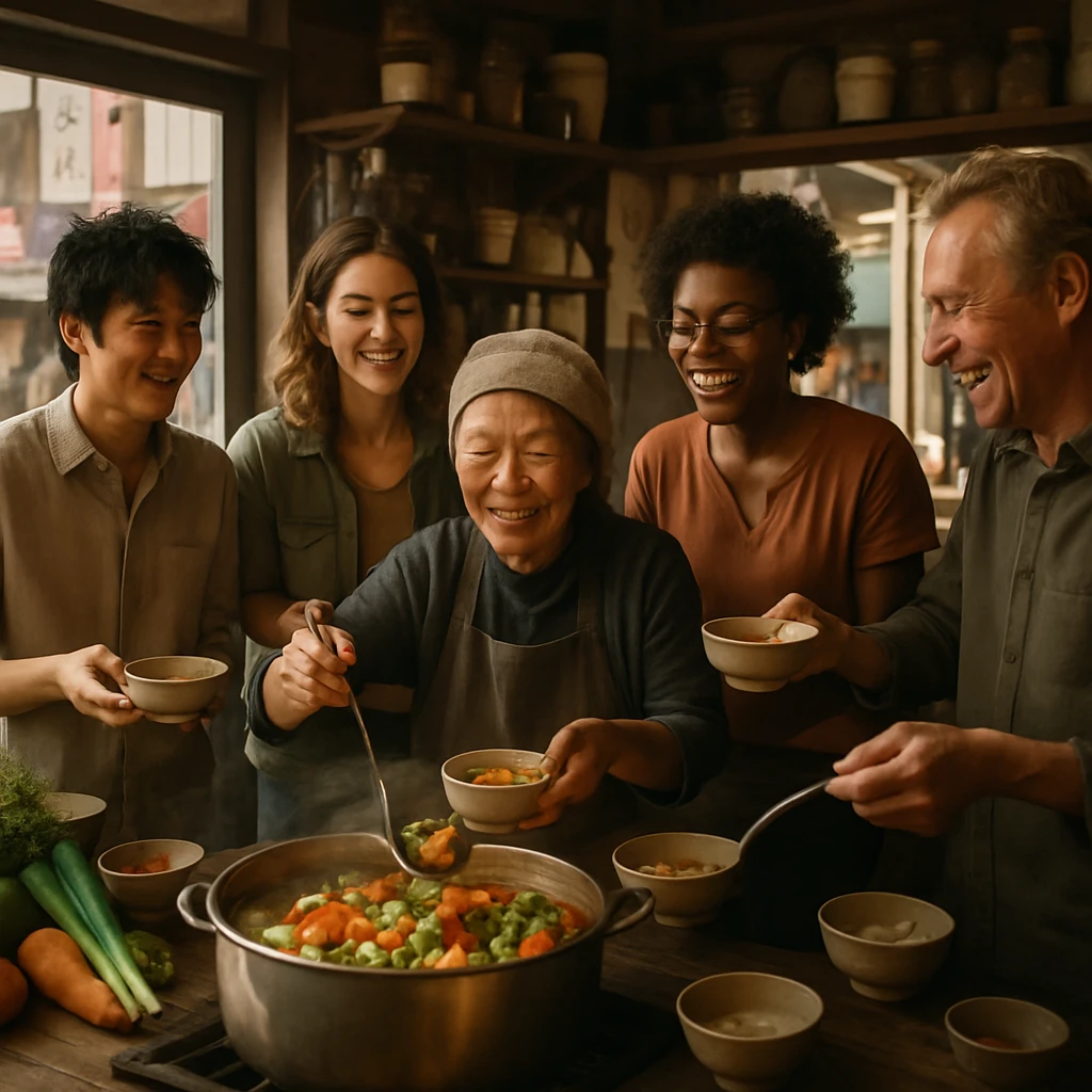 多国籍の人々が小さな共同キッチンで大きなスープ鍋を囲み、笑顔でベジタブルスープを取り分ける朝のひとときの写真。