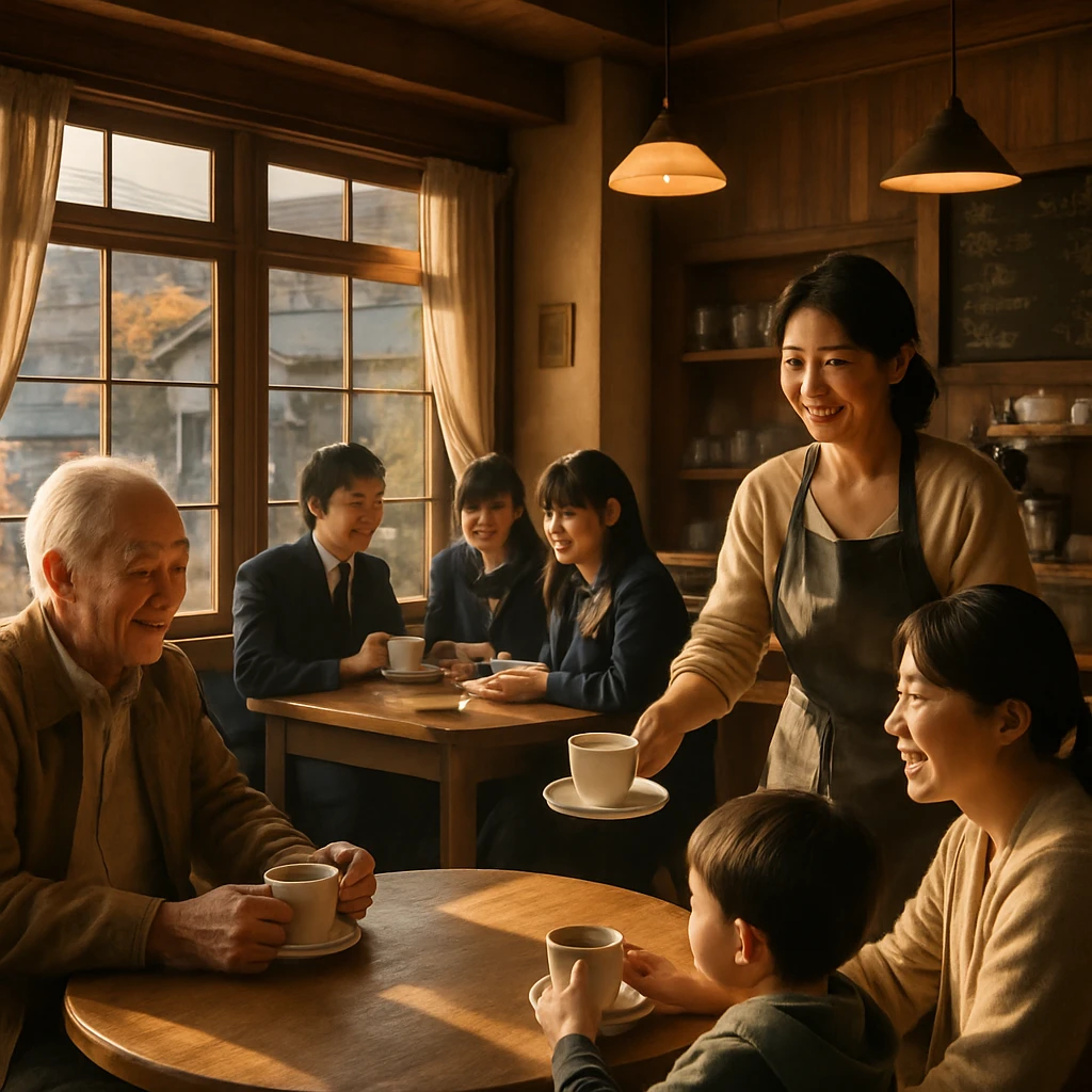 朝のカフェで、店主がコーヒーを手渡す様子と、集う地域住民たちを温かな光が照らしている写真。