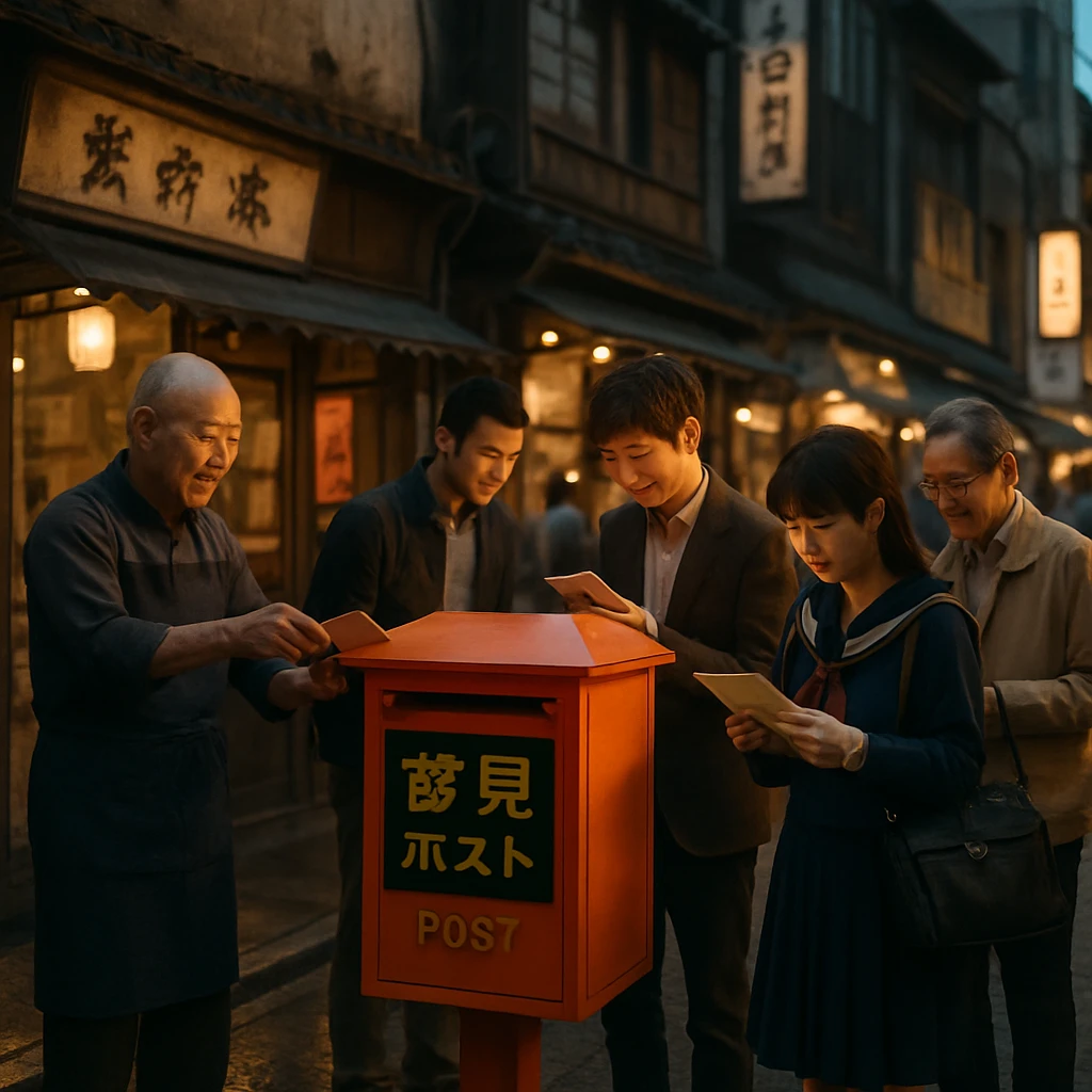 古い商店街の夕暮れに、夢見ポストを囲むさまざまな年代の人々が集まる様子。
