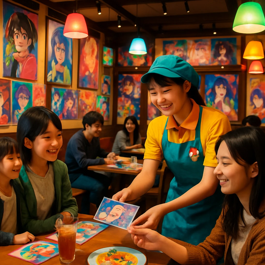 カラフルな照明とキャラクター色の制服を着た店員が微笑みながら来店客に音楽付きポストカードを渡す、アニメコラボカフェの店内の様子。