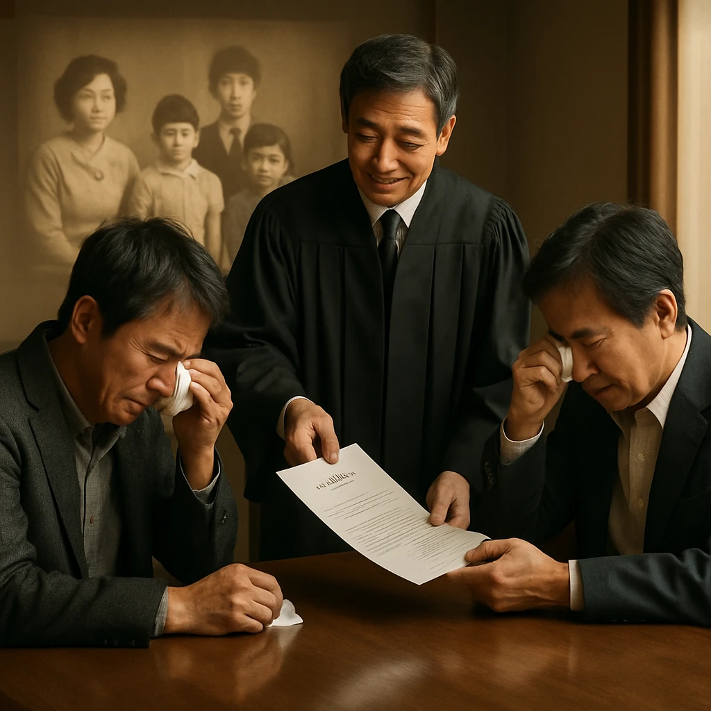 日本の法廷調停室で、判決文を手渡す優しい表情の裁判官と、静かに涙を拭う兄弟が向かい合っている様子。