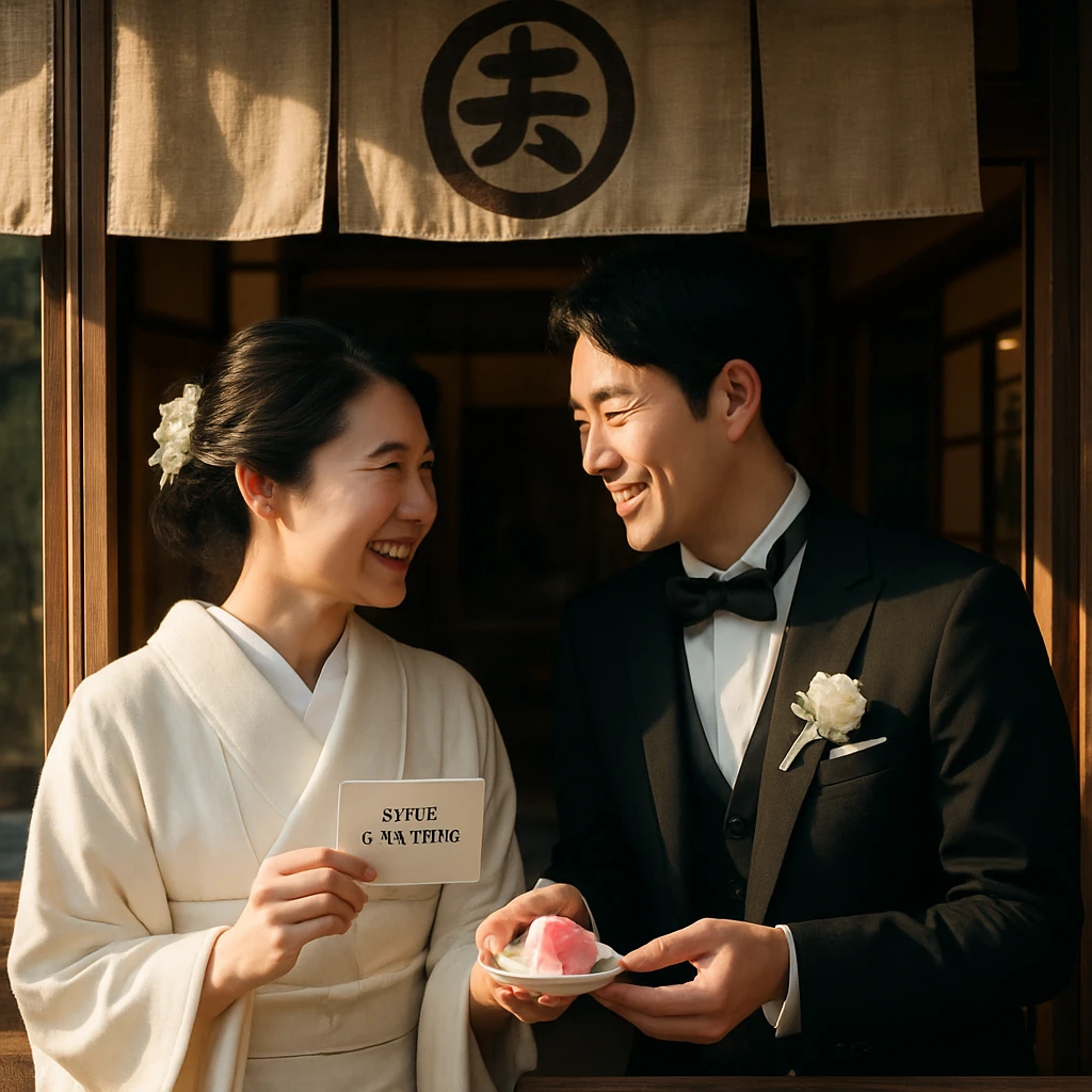 京都の和菓子店前で店主から季節の生菓子を受け取る新婚夫婦の微笑ましい様子。