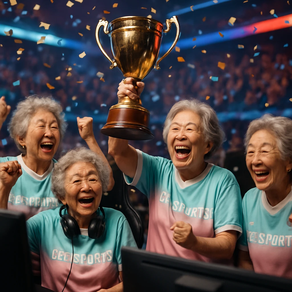高齢の女性たちがeスポーツ大会表彰式でトロフィーを掲げて喜ぶ姿の写真風画像。