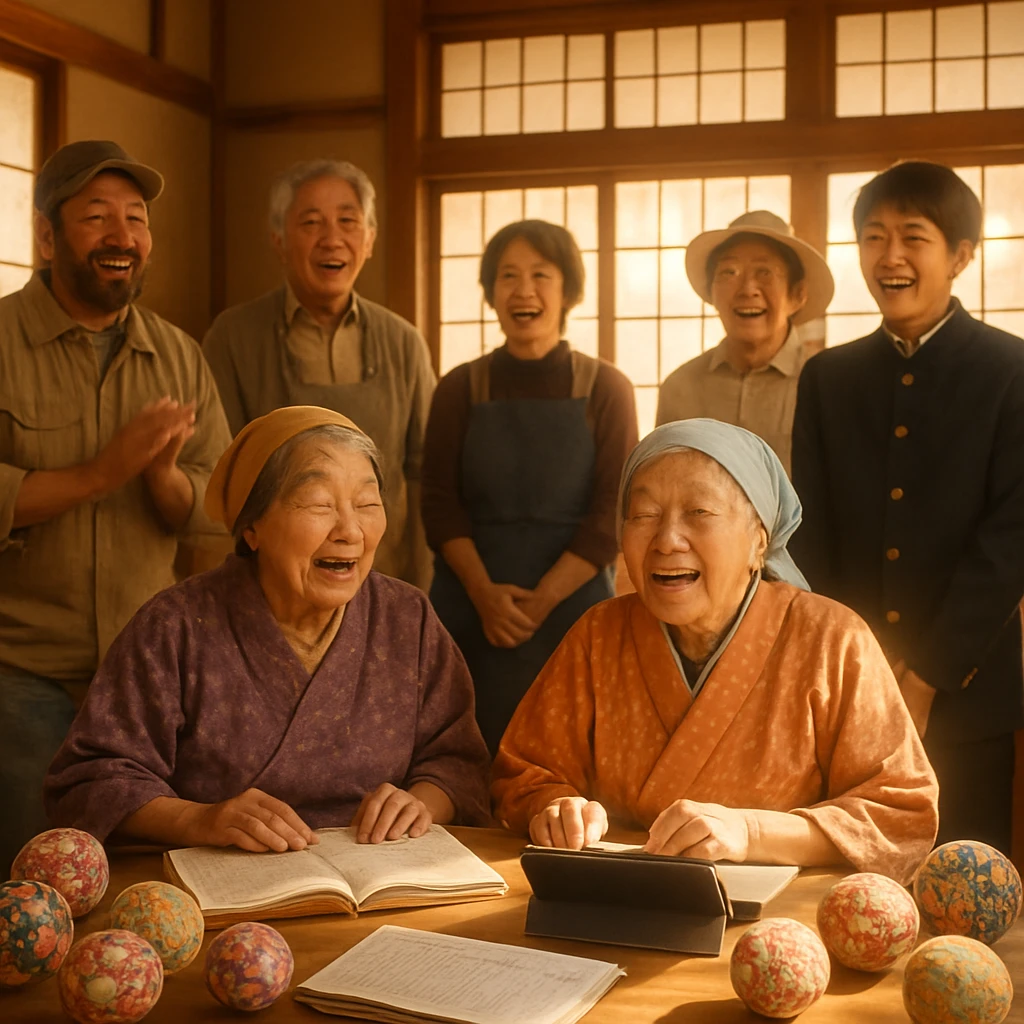 和やかな雰囲気の和室で、二人のおばあちゃんが編み物と帳簿、タブレットを囲み、地域の人々と輪になって笑顔で歌う様子。