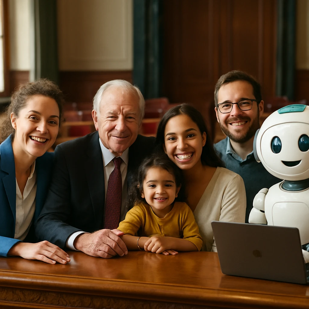 議事堂の会議室で、多様な人々とAIロボットが和やかに微笑み合う一場面。