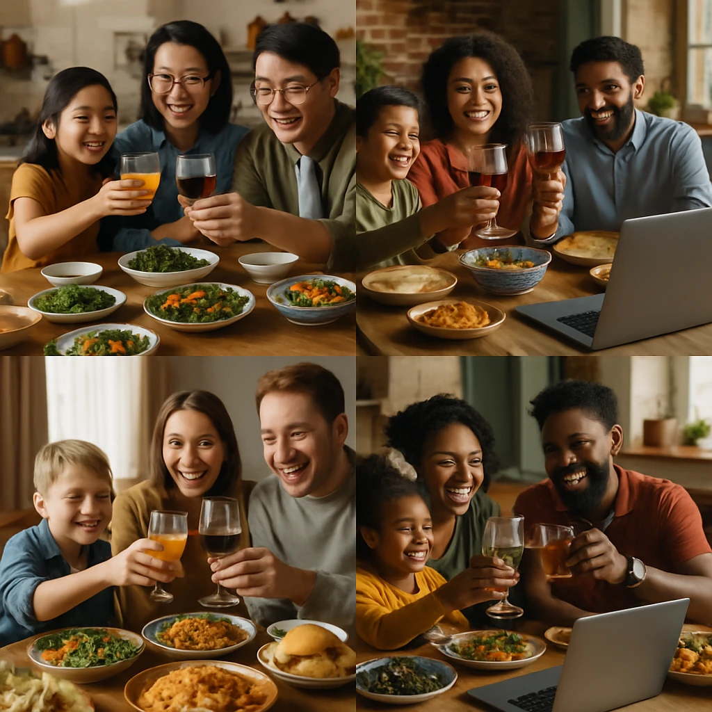 世界中の家庭がそれぞれの食卓でパソコン越しにリモート乾杯をしている様子をリアルに描写した写真。