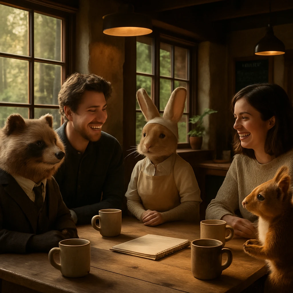 森のふもとの動物カフェで人間と動物たちが円卓を囲んで笑顔で話し合う様子の写真風画像。