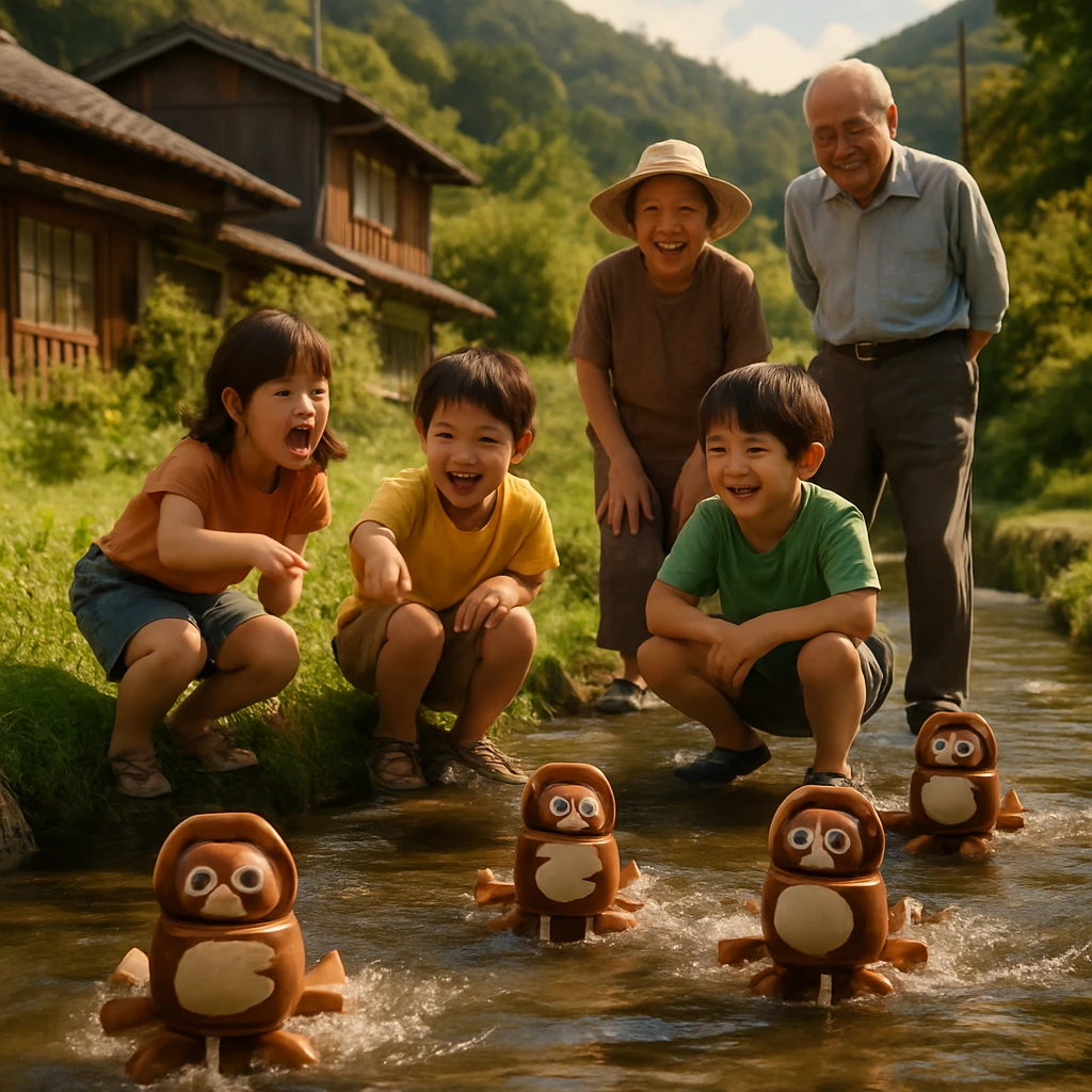 田舎の小川でタヌキ柄の小型水力発電機を子どもたちが楽しそうに眺めている様子。