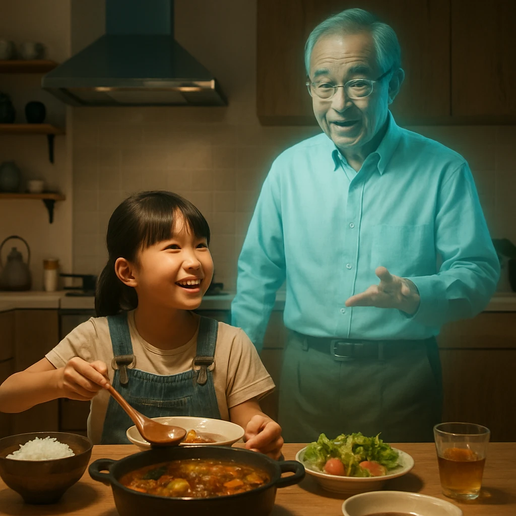 日本の家庭の台所で、小学生の女の子と等身大の祖父のホログラムがビーフシチューを囲む様子。