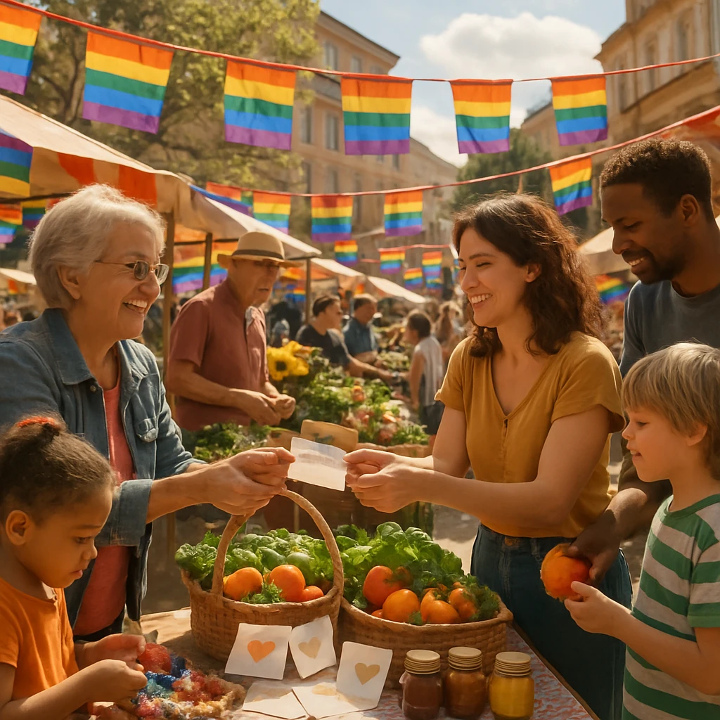 青空の下、虹色の旗が飾られた屋外マーケットで人々が物や手紙を交換している様子。