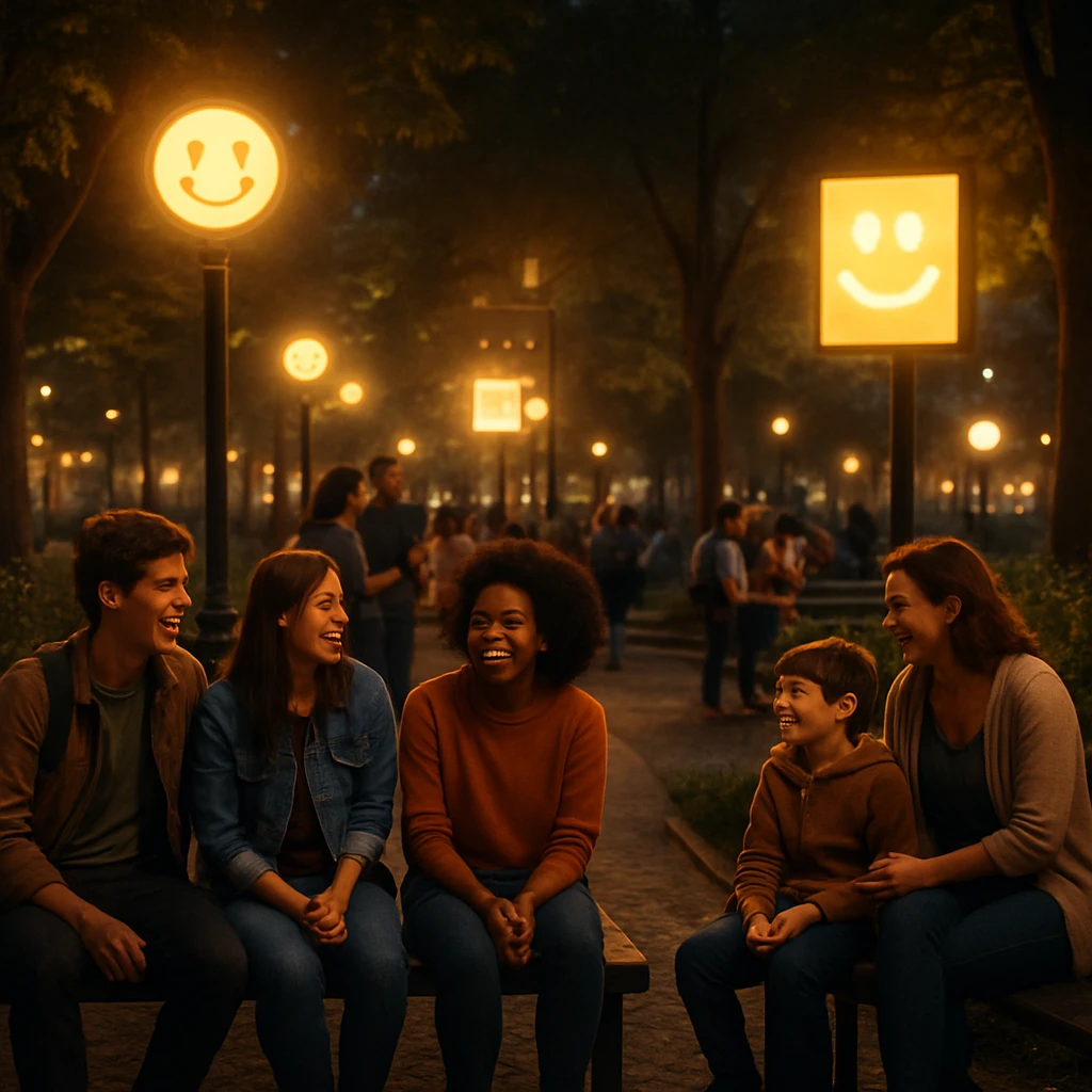 夜の公園で人々が笑顔で会話し、周囲の発電灯やLED照明が暖かく明るく輝いている様子。